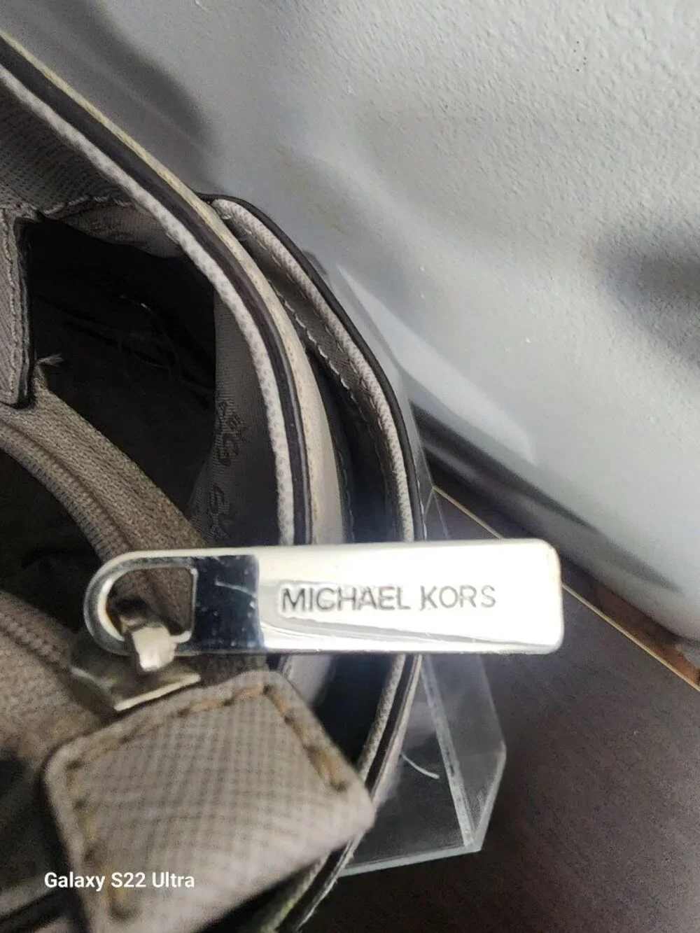 Michael Kors Gray Saffiano Leather Tote Bag With Chain/Leather Strap & Logo Acce